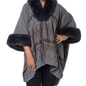 Black and Khaki Faux Fur Ruana